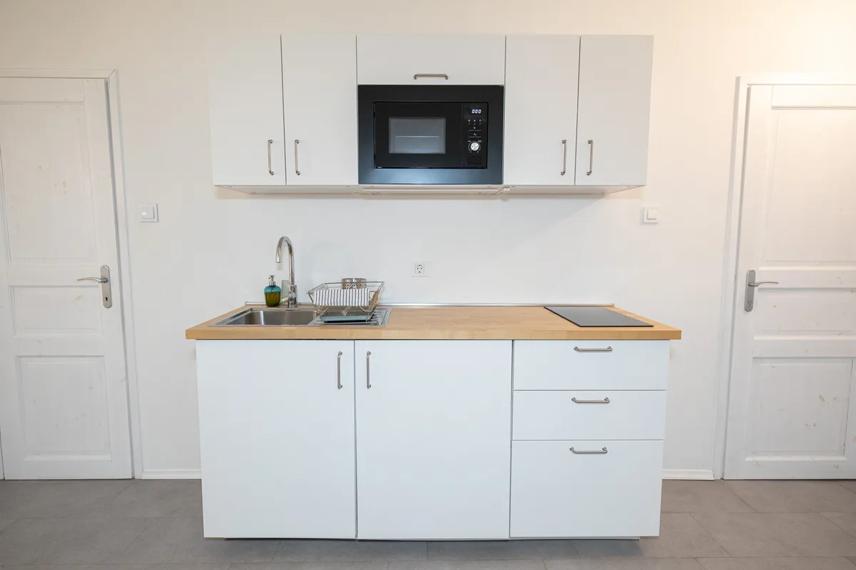 Kitchenette with sink, two-zone ceramic hob and built-in microwave in Woody 1, Zagreb