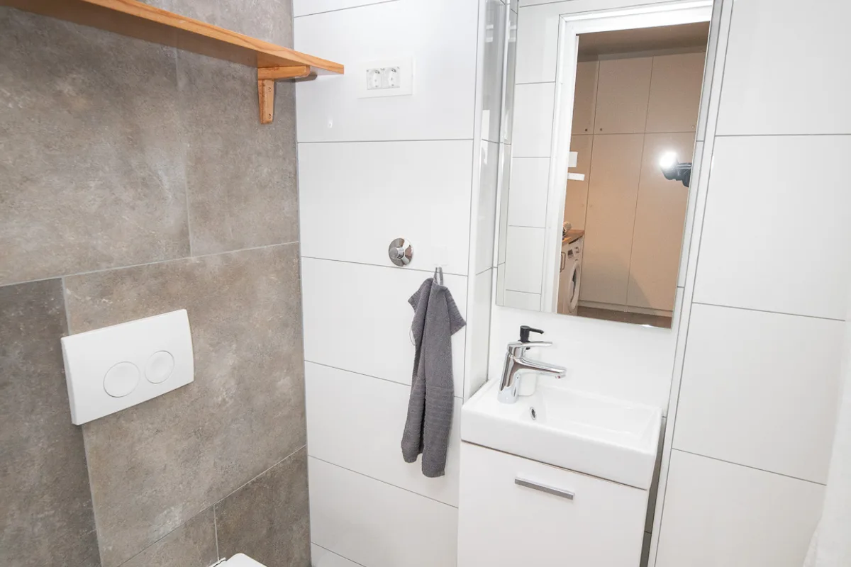 Private bathroom with wall-hung WC and vanity basin in Woody 2 studio apartment, Zagreb